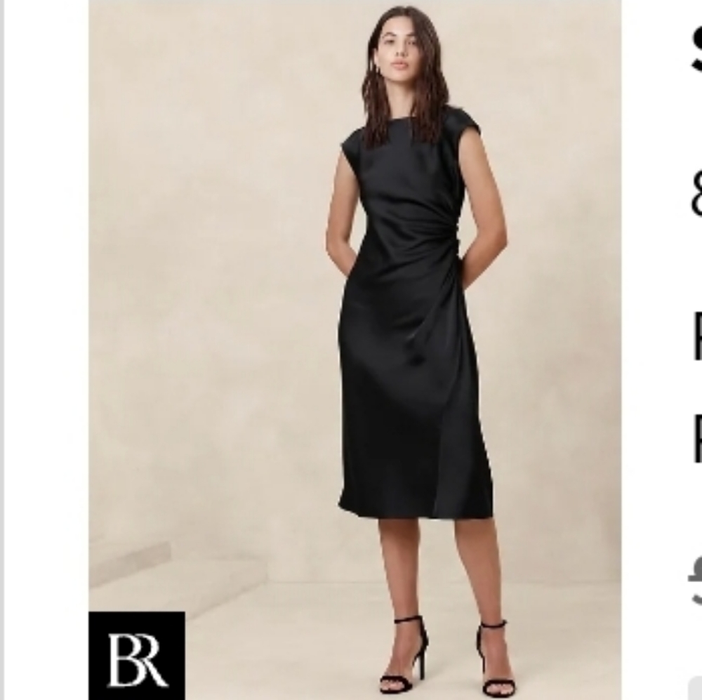 BANANA REPUBLIC SHIRRED-SIDE SATIN MIDI DRESS, BLACK, SIZE 8, NWT